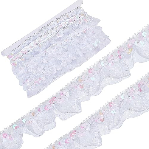 GORGECRAFT 12m Satin-Organza-Spitze Plissierter Stoffbesatz Paillettenband Mit Elastischem Rand Gerafftes Netz Dehnbar Gerüschte Blumenfransen-Applikation Zum Nähen Geschenkpaket Verpacken Kleid