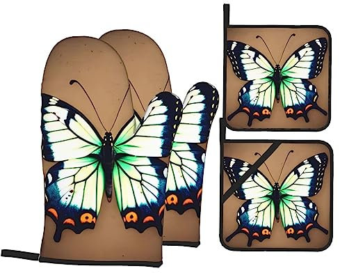 Set di 4 guanti da forno e presine a forma di farfalla, resistenti al calore, per cucinare, grigliare, barbecue