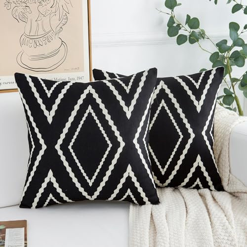 Kissenbezüge 50x50 cm Geometrische Kissenhülle Leinen Dekorative Kissenbezug Sofakissen Couchkissen Dekokissen Modern Zierkissenbezug für Sofa Schlafzimmer Wohnzimmer 2er Set Schwarz und Beige