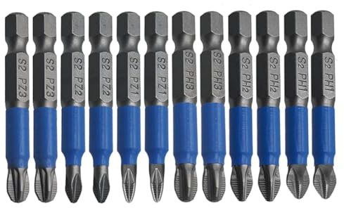 Teocpai 12Pcs Embouts de Tournevis à Tête Tournevis Cruciforme PH1 PH2 PH3 PZ1 PZ2 PZ3 50mm Foret Antidérapant Magnétique à Tige Hexagonale en S2 Acier