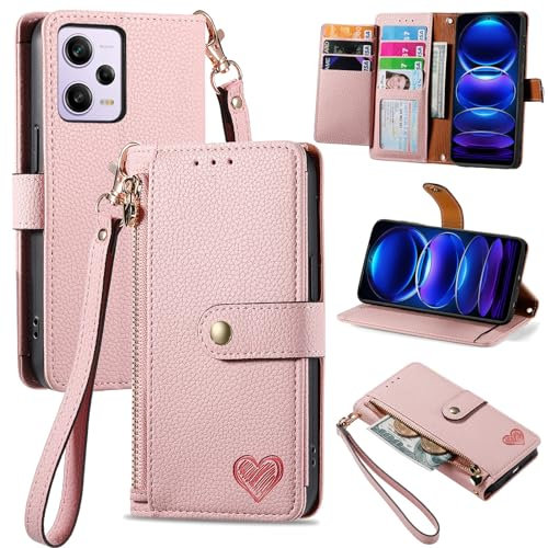 VEEMOS Handyhülle für Xiaomi Redmi Note 12 Pro 5G Hülle Klappbar Klapphülle Schutzhülle mit Kartenfach RFID Reißverschluss Handy Tasche Leder Flip Case Cover Handytasche Frauen - Rosa