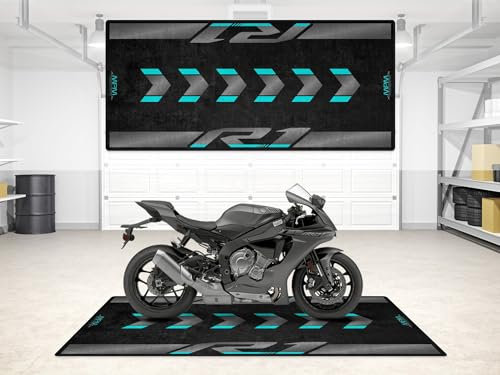 wibeart MPM Motorradmatte für R1 – waschbare, rutschfeste, öl- und wasserfeste Parkmatte für Garage, Ausstellungsraum und Werkstatt | Yamaha Schwarz - Größe 1: 86.6 x 39.4/220 x 100 cm