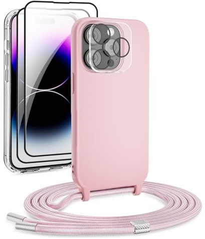 DiDaDi Handykette kompatibel mit iPhone 15 Pro Max Hülle,Handyband Necklace Hülle mit Band Handyhülle für zum Umhängen Silikon Case mit Schnur Schutzfolie und Kameraschutz in Dunkelrosa Gold