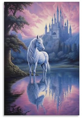 Weißes Einhorn Gemälde Poster Rosa Himmel Fantasie Schloss Tier Leinwand Wandkunst Drucke Malerei für Haus Zimmer