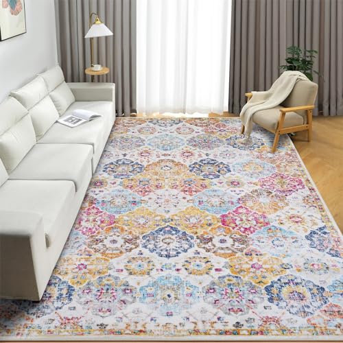 XSIVOD 150x210cm Vintage Area Rugs for Living Room, Non-slip Luxury Bedroom Rug, Distressed Traditional Floor Carpet for Nursery Dining Room, Washable Entryway Mat for Boho Decor, Flowers Sea