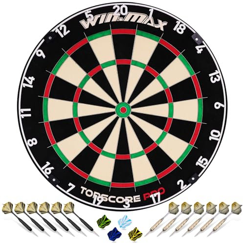 WIN.MAX Dartscheibe Kork Mit Pfeilen - Offizielles Steeldart Set, 12 Dartpfeile Metallspitze, 24 Flights