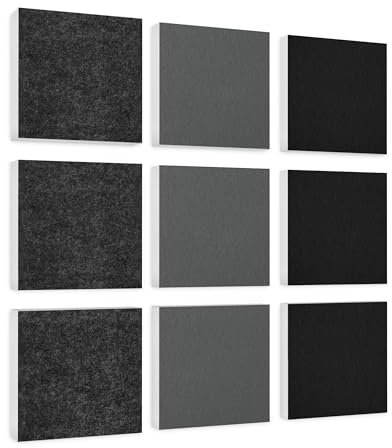 platino24 Akustikpaneele 9 Elemente Colore Quadrat 27,5 x 27,5 cm Anthrazit + Grau + Schwarz I Schallabsorber aus Basotect G+ mit Akustikfilz I Schalldämmung Wand & Decke I Akustikelemente Wandpaneel