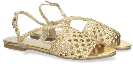 shoes&blues.es 80937-Sandalias Planas para Mujer, comodas con Pala Abierta Trenzada y Fina, Cierre de Hebilla.. Talla 40 Oro