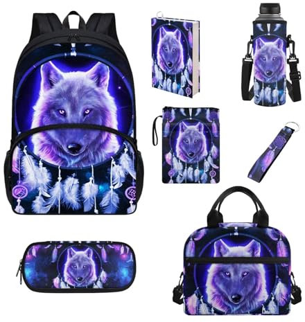 Chririnla Schüler-Schultaschen-Set, 7-teilig, Federmäppchen, Lunchbox, Flaschentasche, Buchhülle, komplettes Set, Jungen, Mädchen, Rucksack für die Schule, Wolf Traumfänger, Kinderrucksack