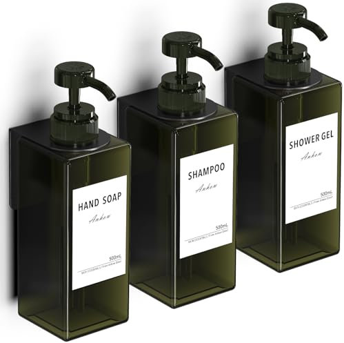Anhow 3er Seifenspender Wandbefestigung Set, 500ml Seifenspender Wand Ohne Bohren Kunststoff Spülmittelspender mit 16pcs Wasserdichten Etiketten für Küche und Badezimmer - Grün