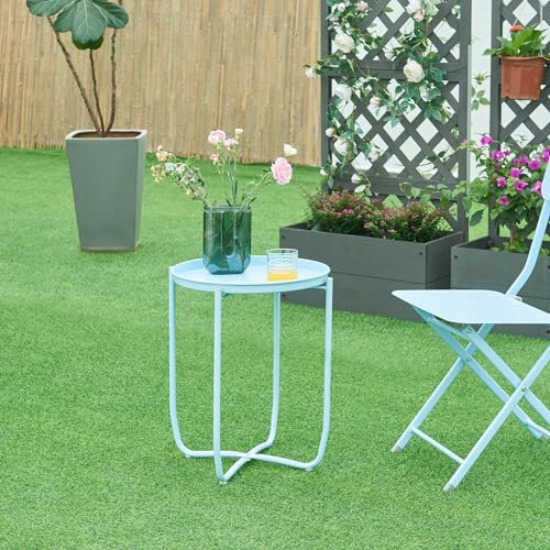 [en.casa] Tavolino con Vassoio Piano Rotondo Rimovibile Tavolo Multiuso da Giardino da Salotto 53 x 40 cm in Acciaio - Azzurro