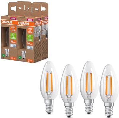 Osram LED-Lampe in klassischer Minikerzenform, mit dekorativem LED-Filament im Frosted Design, Energieeffizienzklasse A, E14, 1.2 W, 255 lm, 2700 K, warmweiß. Ohne Aufwärmen, 4-Pack