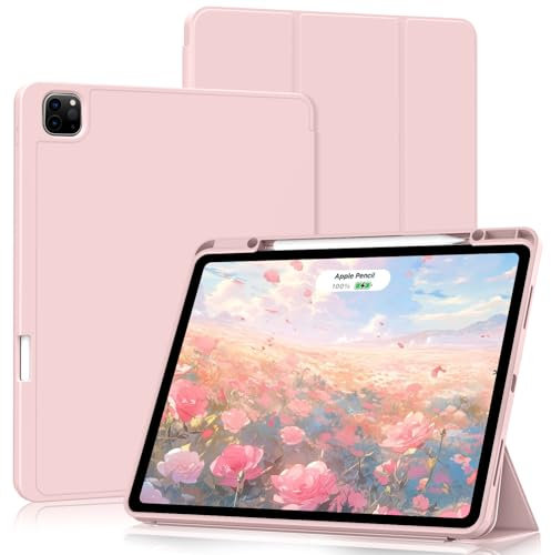 ZKTUYU for iPad Air 13 Inch Case 2024/2025 (M2/M3) / iPad Pro 12.9 Inch 6th 5th Generation 2022 2021 with Pen Holder, Slim Stand Protective Case with Soft TPU Back, Auto Sleep/Wake, Pink