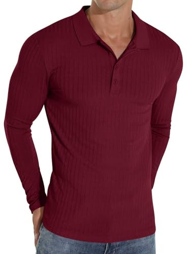 Sailwind Polo Shirts for Men Long Sleeve Tshirts Slim Fit Casual Shirts Classic Stretch Tops Golf Tee (Wine Red, M)
