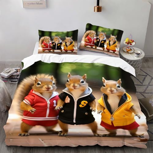Ruiqieor Bettwäsche 135x200cm,Cartoon Eichhörnchen Motiv Bettwäsche-Set Baumwolle Mikrofaser 1 Bettbezug + 2 Kopfkissenbezug 80x80cm mit Reißverschluss(#2)