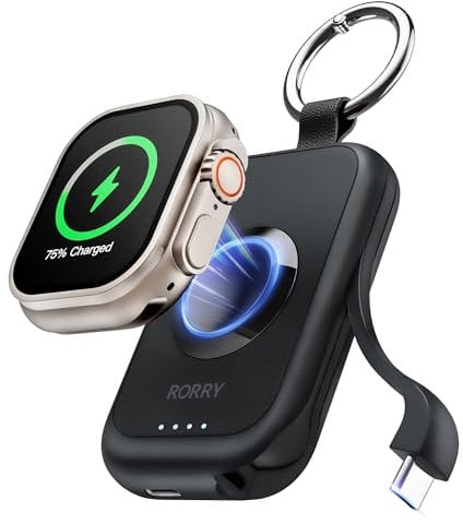 2500mAh Kabelloses Ladegerät für Apple Watch-Serie, RORRY Reise Tragbares Powerbank mit integriertem USB-C Ladekabel, Schlüsselanhänger Wireless Charger für Apple Watch Ultra 9 8 7 6 5 4 3 2 SE