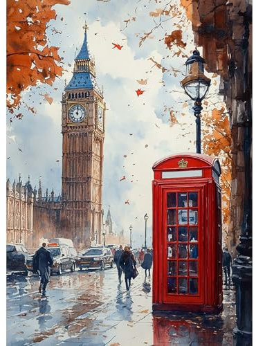 DAERLE Diamond Painting Kits für Erwachsene, Londoner Telefonzelle, 5D Alte Straßenansicht Diamant Malerei Set, DIY Diamantmalerei Basteln Bilder Arts als Geschenk für Home Wand Décor 30x40cm