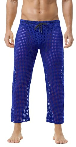 QiaTi Herren Mesh Fishnet See Through Pants Openwork Drawstring Lounge Long Pants Pyjamas Bottoms