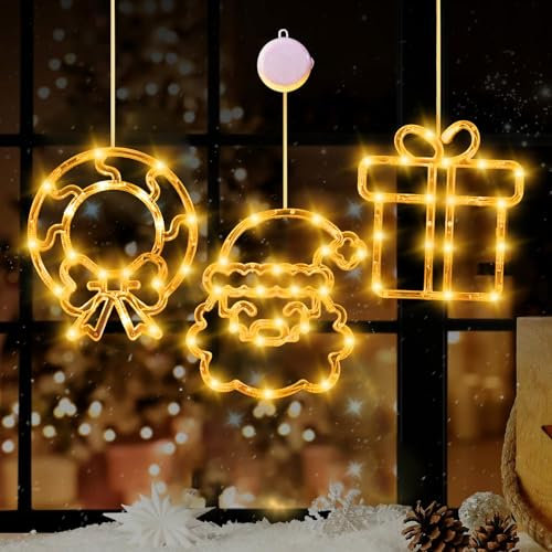 Lampada a Ventosa per Natale,3 Pezzi Luci di Natale a Led Luce a Sospensione,Luci Sospese con Ventosa,Luci Natale per Finestra LED,Luce Per Finestra Sospesa Di Natale Luci Decorative Della