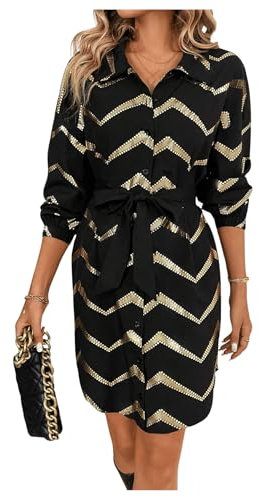 GORGLITTER Women's Metallic Graphic Button Short Shift Dress Long Sleeve Collared Belted Shirt Dresses Black and Gold Large