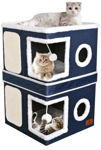 2-Story Cat House for Indoor Cats, Dual-Purpose Cat Cave Bed with Scratch Pad and Fluffy Ball, Foldable Cat Hideaway, Cute Cat Condo Furniture for Multi Small Pet Kitten, Blue