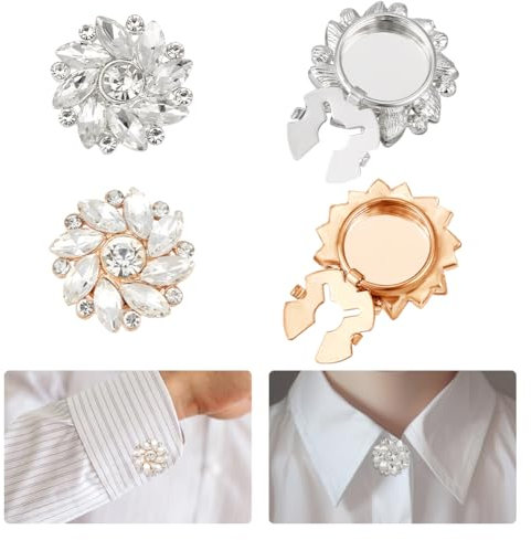 NBEADS 4 Stück 2 Farben Strass Knopf Abdeckungen, 25mm Abnehmbare Blume Clip auf Schmuck Button Clips für Kleid Anzug Smoking Shirt Zubehör, Gold und Silber Basis