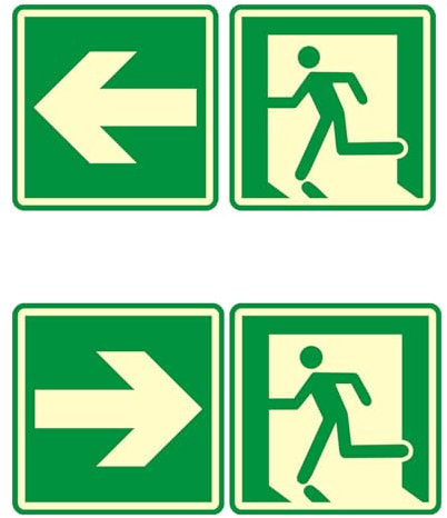 2 señales autoadhesivas de salida de emergencia con flechas luminosas (146 x 146 mm) – Señal de escape de PVC resistente para oficinas, hoteles y comercios (ajustable en 4 direcciones)