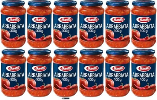 BARILLA Arrabbiata Tomatensauce mit Chili, 400g Gläser, 12er Pack, + keyring italy shop service