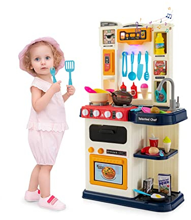HOMASIS Spielküche mit 38 Zubehör, Kinderküche mit Licht Musik & Sound, Spielzeugküche mit Wasserpumpe Spüle Mikrowelle Ofen Herd, Kinderspielküche Eckküche für Kinder ab 3 Jahren (Blau)