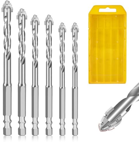 6Pcs 4 Blade Serrated Eccentric 4 Flute Drill Bits, Masonry Drill Bits Set for Porcelain, Brick, Granite Marble, Glass, Cement, Plastic, Wood, Carbide Tips with 1/4 Hex Shank 6/6/8/8/10/12mm