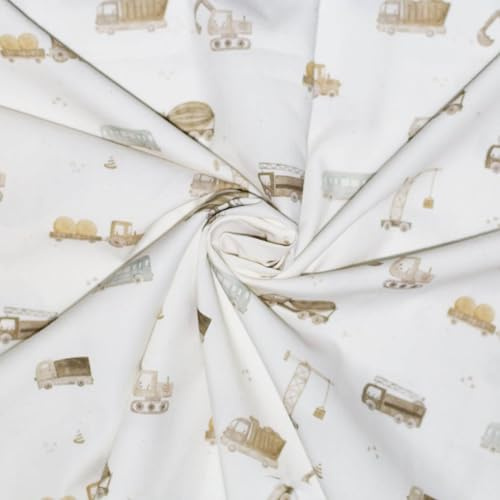 Premium Baumwollstoff Popeline Meterware – Kindermotive – Babymotive - Öko-Tex Standard 100 Klasse 1 – 100% Baumwolle – Ideal für Babys und Kinder – Ab 50 cm (Baufahrzeuge)