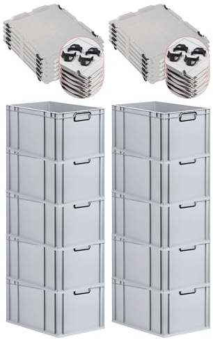 PROREGAL SparSet 10x Eurobox NextGen Color mit Auflagedeckel und Schiebeschnappverschlüsse, HxBxT 32x40x60cm, 65L, Grau, Griffe schwarz zu, Eurobehälter, Transportbox, Transportbehälter
