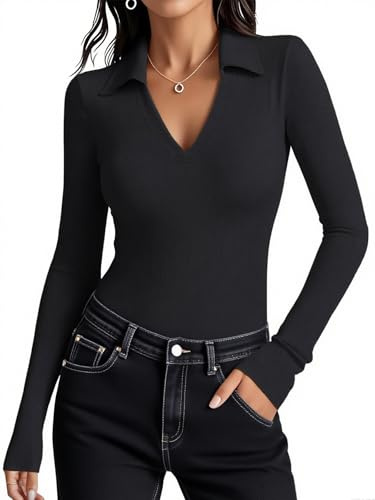 Dressmine Womens Polo Shirts Long Sleeve V Neck Lightweight Tops Moisture Wicking T-Shirt Basic Causal Tops Black Size 14