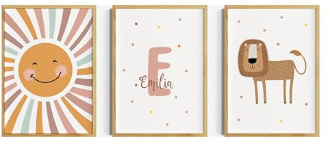 Generisch Kinderzimmer Poster Mädchen als Boho Wanddeko in Altrosa: Sonne, Name und Löwe als 3er Poster Set ohne Rahmen (20x30 cm)