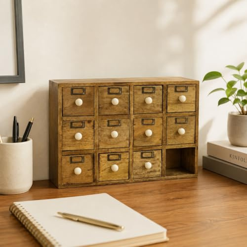 Fyne-Finds 12 Drawer Solid Mango Wooden Trinket Chest Storage Drawers With Ceramic Knob Handles Desktop Organizer