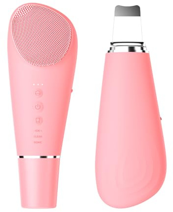 Stepcare Silicone Face Scrubber Blackhead Remover Rechargeable 2-in-1 Facial Cleansing Brush & Skin Spatula Duo, IPX7 Waterproof Exfoliating Massager Deep Cleansing for Women and Men(Peachy Pink)