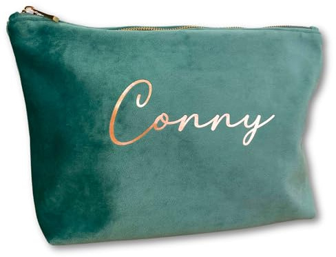 Kosmetiktasche personalisiert mit Namen aus Samt | Edle Tasche mit Reißverschluss | Geschenkidee für Frauen, Freundin oder Mama | 4 Farben & 2 Größen – handveredelt in Deutschland (Jadegrün, Groß)