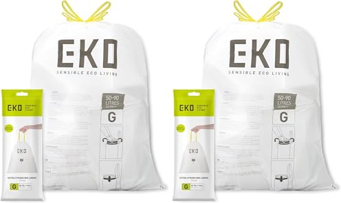 EKO Drawstring Bin Bags, Kitchen Bin Liners, 50-90 Litre, 20 Count, Code G | Kitchen Bin Liners for Large Recycling Bins, Leakproof and Tear-Resistant for Waste & Recycling, Unscented Food Waste Bags