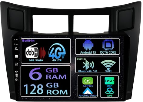 [6+128GB Eingebautes DAB] 9 Zoll Android 15 Autoradio for Toyota Yaris Vizi 2005-2011 Radio Carplay Stereo Wireless Car Play GPS Auto Navi Bildschirm Bluetooth Navigation Player Touchscreen FM SWC