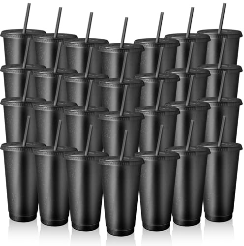 MSYU 60 Pack Tumbler with Straw and Lid Bulk Cups for Gifts Glitter Plastic Coffee Cups 710 ml Reusable Water Bottle Iced Coffee Travel Mug Party Favors for Birthdays Travel (Black)