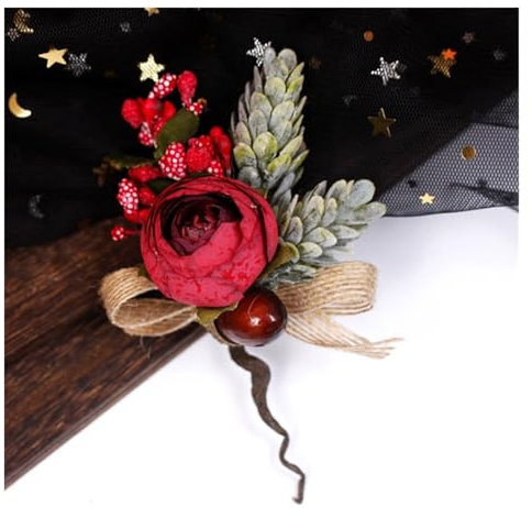 LUYSGBXR 2pc Artificial Rose Flower Corsage Linen Bow Wrist Bride Bridesmaid Boutonniere Wedding Proms Party Accessories(F-Corsage)