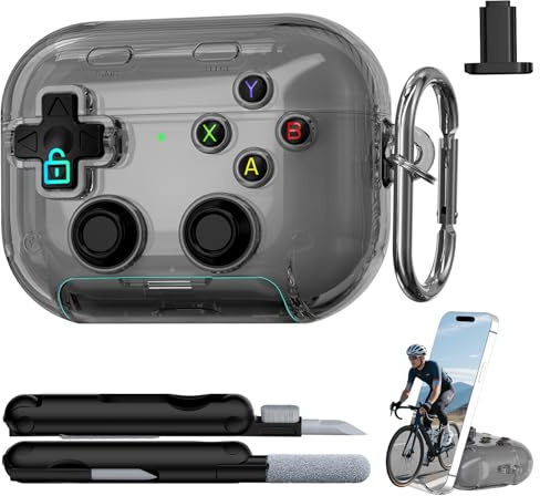 RFUNGUANGO AirPods Pro 3 Hülle, Transparent Gaming Hartschale, Schwarz | Transparente stoßfeste Hartschale mit Schloss, Gaming-Druckknopf & Handyständer inkl. Reinigungsset für AirPods Pro 3 (2025)