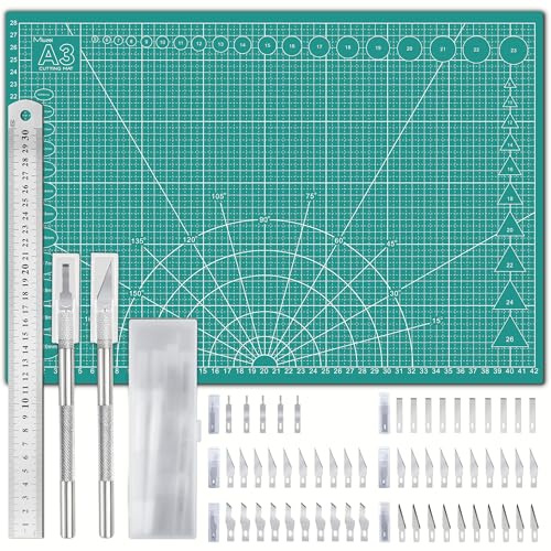 Miuzei A3 Cutting Mat Set: Self Healing Craft Mat with Steel Ruler, 43.5×30CM, Craft Board for DIY Projects, Sewing, Paper, Scrapbooking and Model Making (Green)