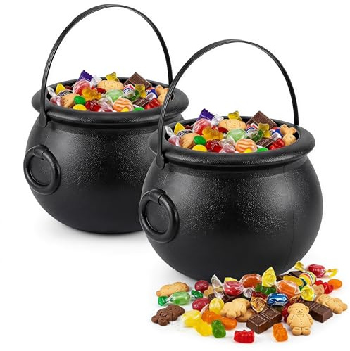 2 Pack Large Witch Cauldron for Halloween 14cm Black Plastic Cauldrons Candy Bucket with Handle for Trick or Treat Goody Bag Fillers Party Favours Cauldron Kettle Cup for Sweets Halloween Decorations