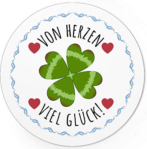 48 moderne Design Etiketten, rund 4cm - Viel Glück von Herzen - Kleeblatt - Geschenk-Aufkleber Sticker für Schule Einschulung DIY Prüfungen