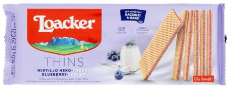Loacker, Thins, Wafer Finissimi e Croccanti Farciti con una Deliziosa Crema al Mirtillo e Yogurt, Senza Aromi e Coloranti Aggiunti, Ideali a Colazione, Merenda e Snack, 1 Confezione da 150g