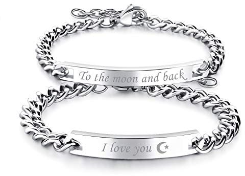 JewelryWe Schmuck 2pcs Pärchen Armband Edelstahl Partnerarmband Freudschaftsarmband Paar Geschenk, Panzerarmband Panzerkette Armreifen mit Gravur to The Moon and Back und I Love You für Herren Damen