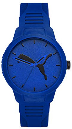 Puma Herrenuhr Reset, Dreizeigeruhrwerk, 43 mm blaues Polycarbonatgehäuse mit Polyurethanarmband, P5014