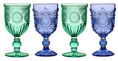 Coloured Wine Glasses, Set of 8, Blue & Turquoise Green Mandala - Dishwasher Safe 300ml Wine Goblets