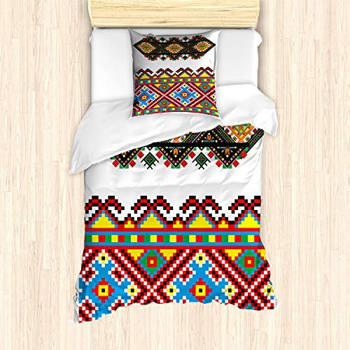 ABAKUHAUS Ethnisch Bettbezug Set, Retro ukrainische Verzierung, Milbensicher Allergiker geeignet mit Kissenbezügen, 135 cm x 200 cm - 80 x 80 cm, Mehrfarbig